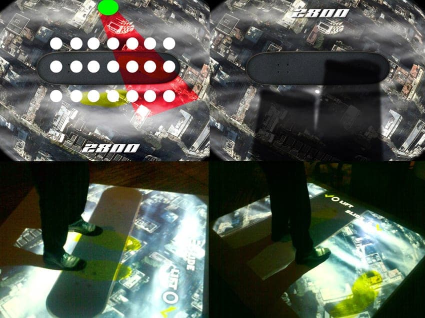 Skyride Virtual Skateboard — A projected hover board: swipe your foot beside the board to accelerate, across it to pull a trick.