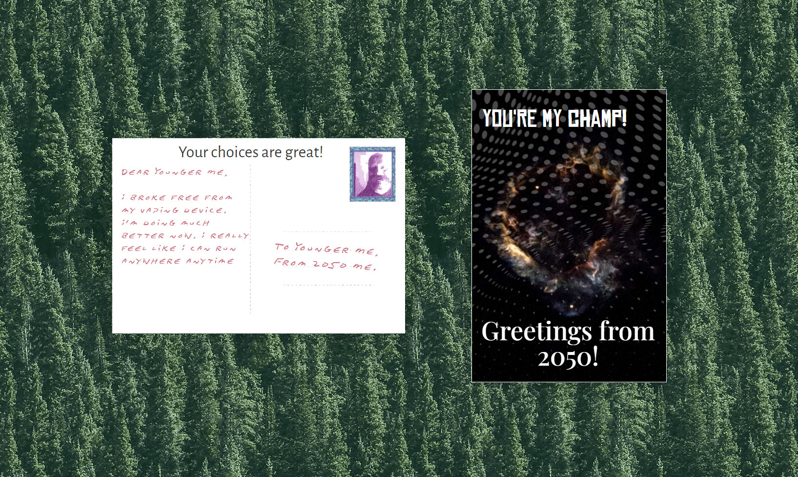 Front and back of postcards generated from nodfrom2050.ca